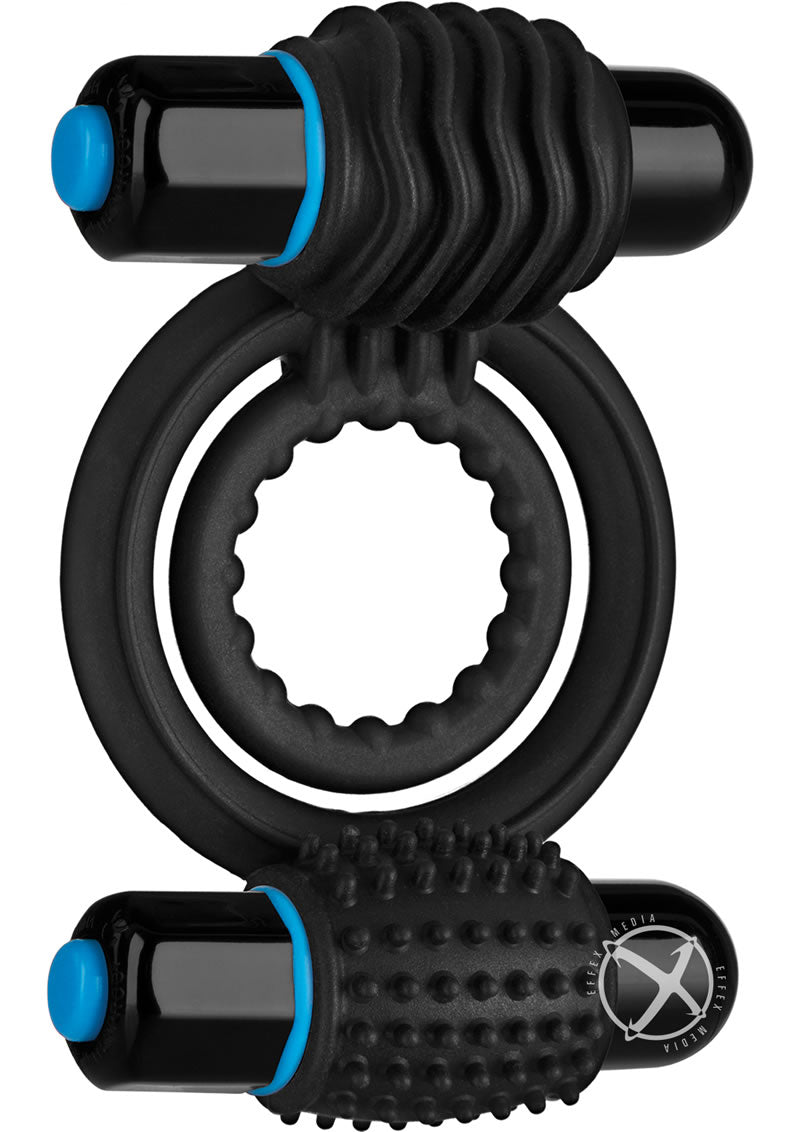 OptiMALE Silicone Vibrating Double Cock Ring with Dual Bullets - Black