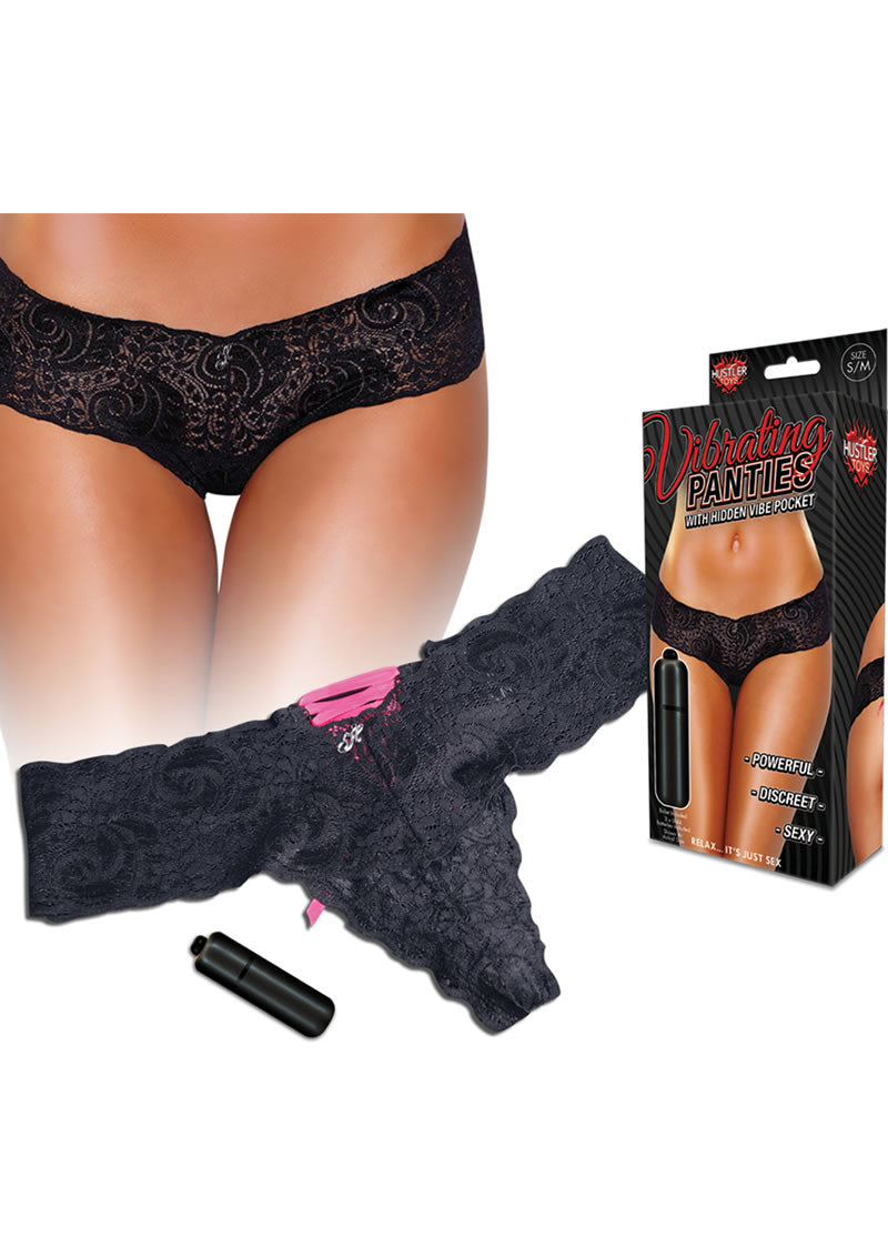 Hustler Toys Vibrating Panties Panty Vibe Lace Up Back Thong With Hidden Vibe Pocket Black Medium/Large