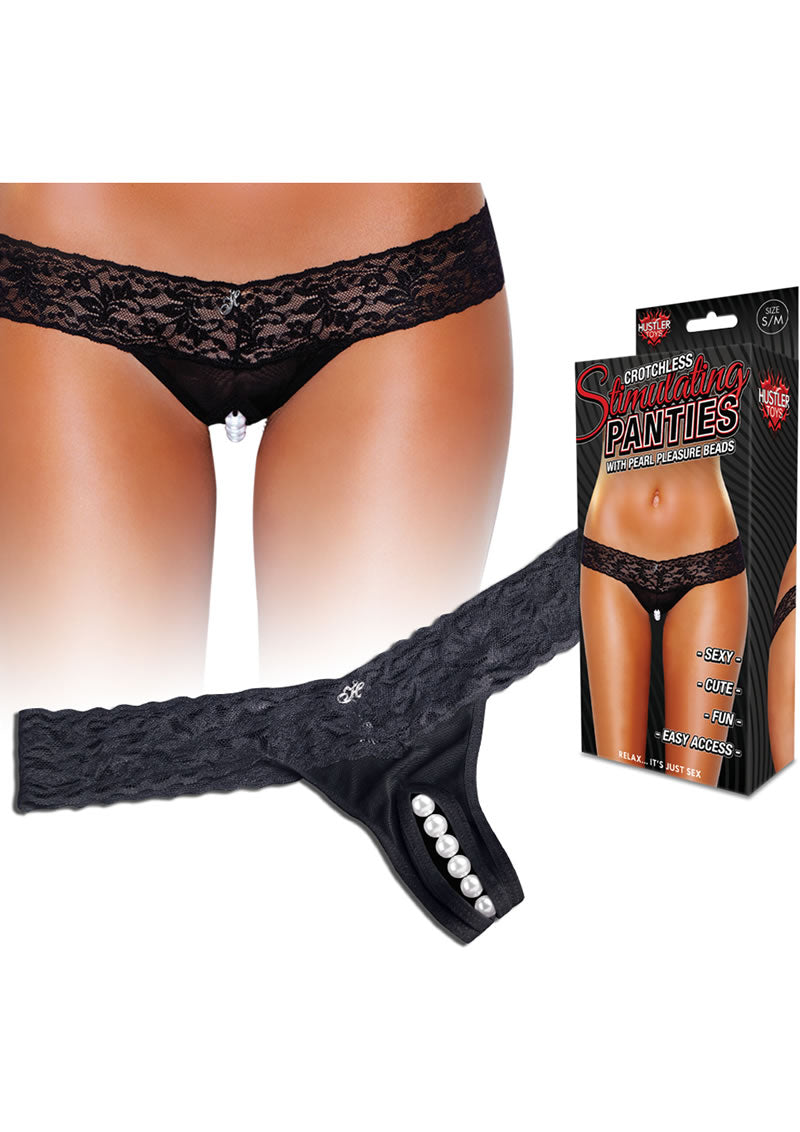 Hustler Toys Crotchless Stimulating Panties Thong with Pearl Pleasure Beads - Black - Small/Medium