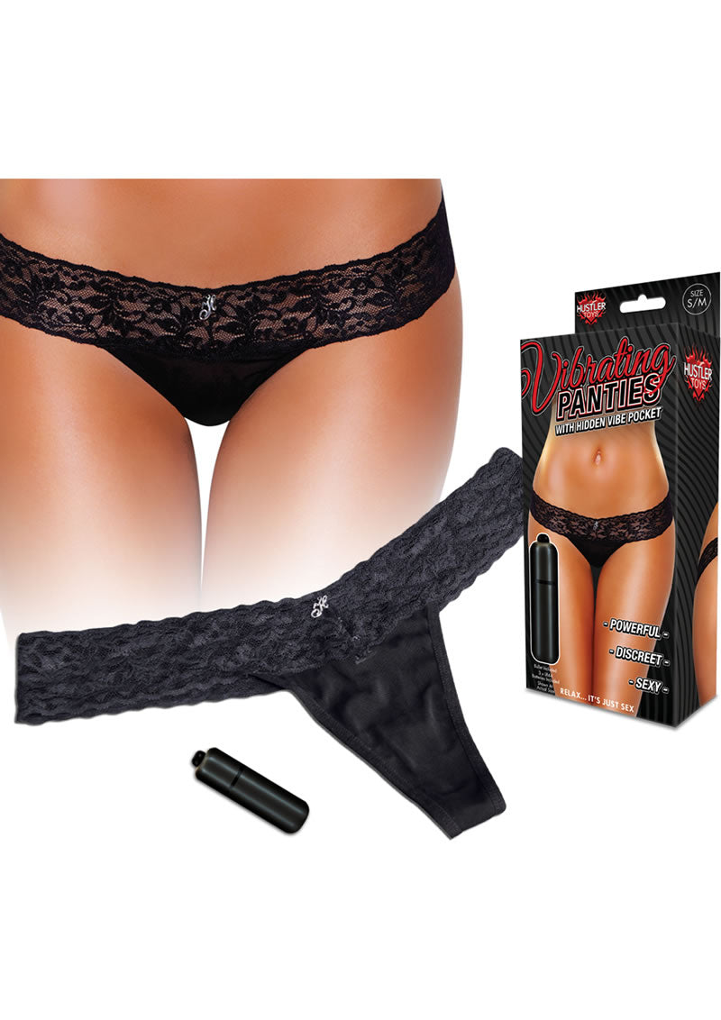 Hustler Toys Vibrating Panties Panty Vibe Lace Thong with Hidden Vibe Pocket - Black - Small/Medium