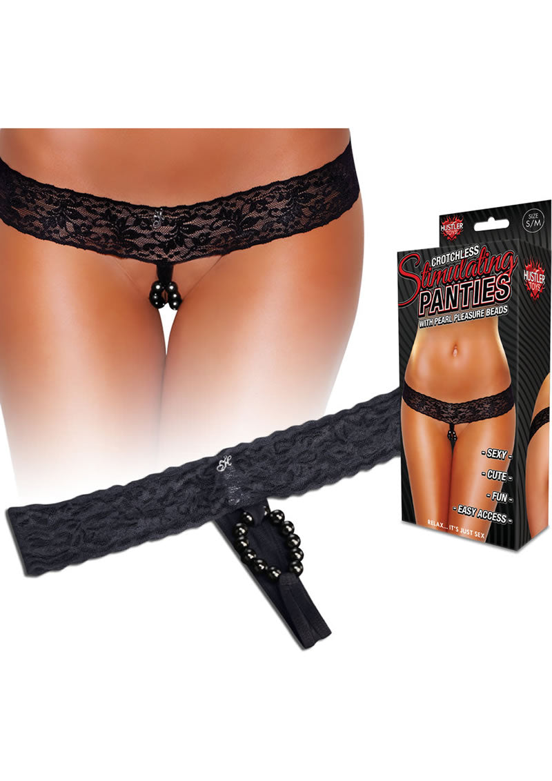 Hustler Toys Crotchless Stimulating Panties with Pearl Pleasure Beads Small/Medium - Black