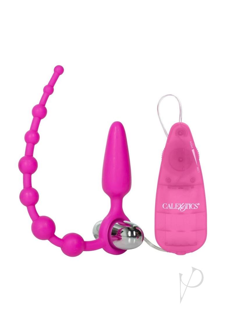 Booty Call Booty Double Dare Silicone Vibrating Butt Plug with Anal Beads and Bullet with Wired Remote Control - Pink