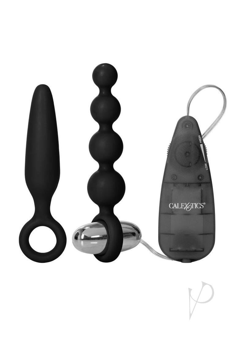 Booty Call Booty Vibro Kit Silicone Vibrating Butt Plug and Anal Beads with Bullet and Wired Remote Control - Black