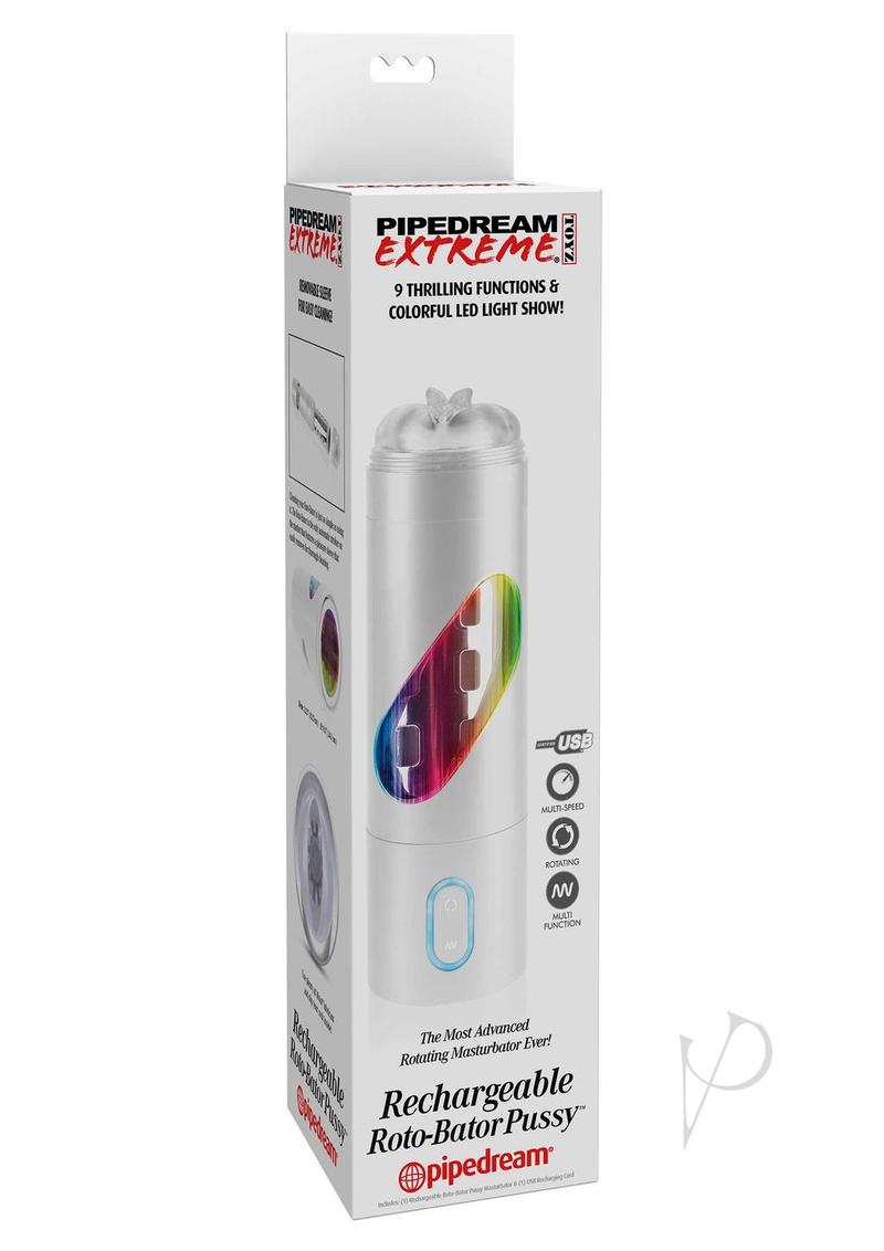 Pipedream Extreme Toyz Rechargeable Roto-Bator Pussy Masturbator - Pussy - White/Clear/Multi