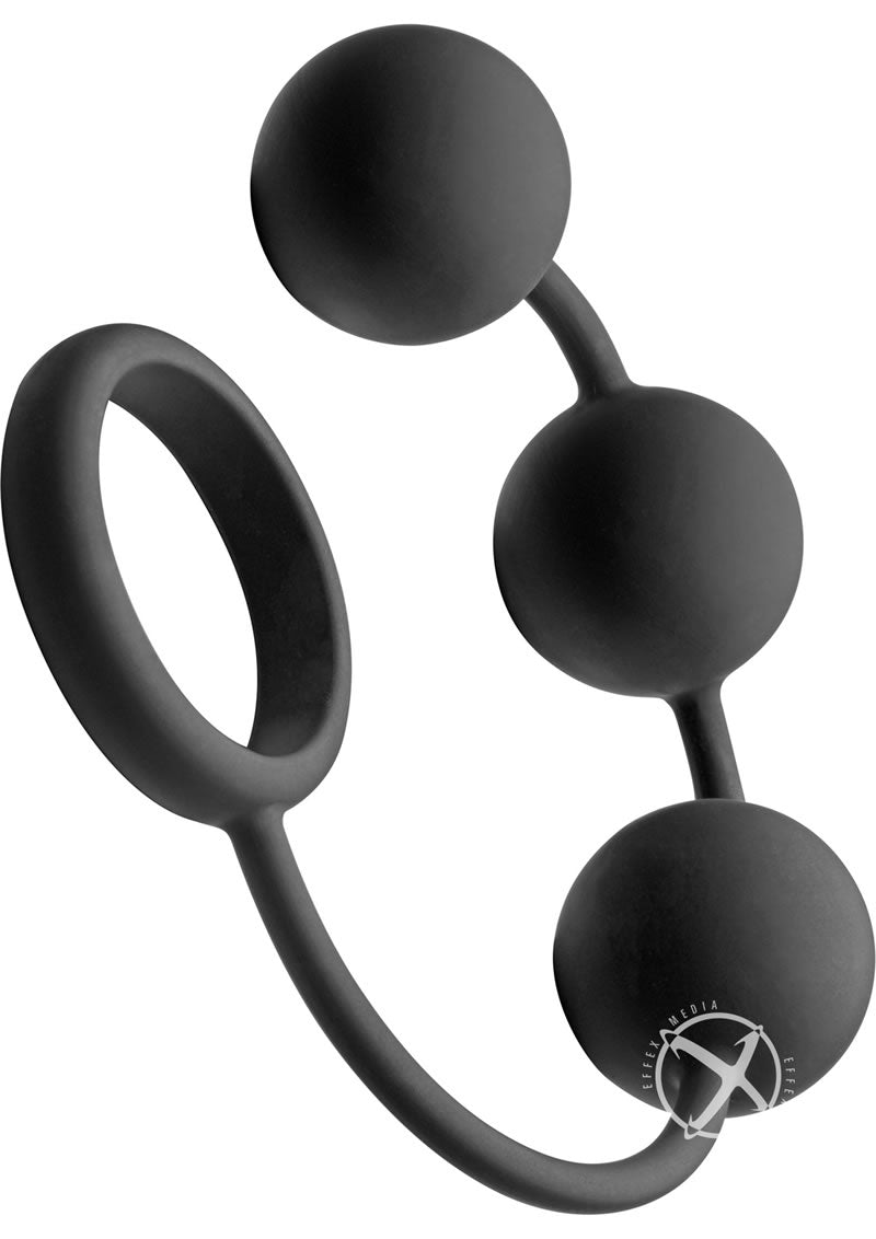 Tom Of Finland Silicone Cock Ring with Weighted Anal Beads - Black