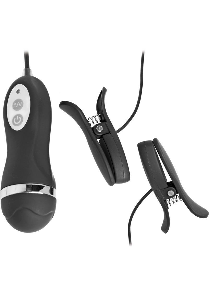 Frisky Power Pinchers 10 Mode Vibrating Nipple Clamps with Wired Remote Control - Black
