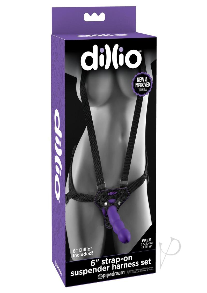 Dillio Strap-On Suspender Harness Set Black with Silicone Dildo 6in - Purple