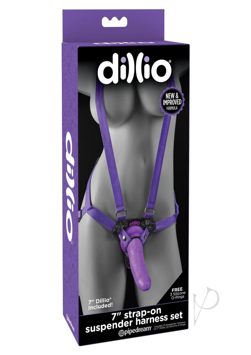 Dillio Strap-On Suspender Harness Set with Silicone Dildo 7in - Purple