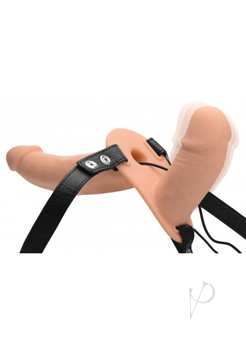 Strap U Power Pegger Silicone Vibrating Double Pleasure 6.5in Dildo with Harness and Wired Remote Control - Vanilla