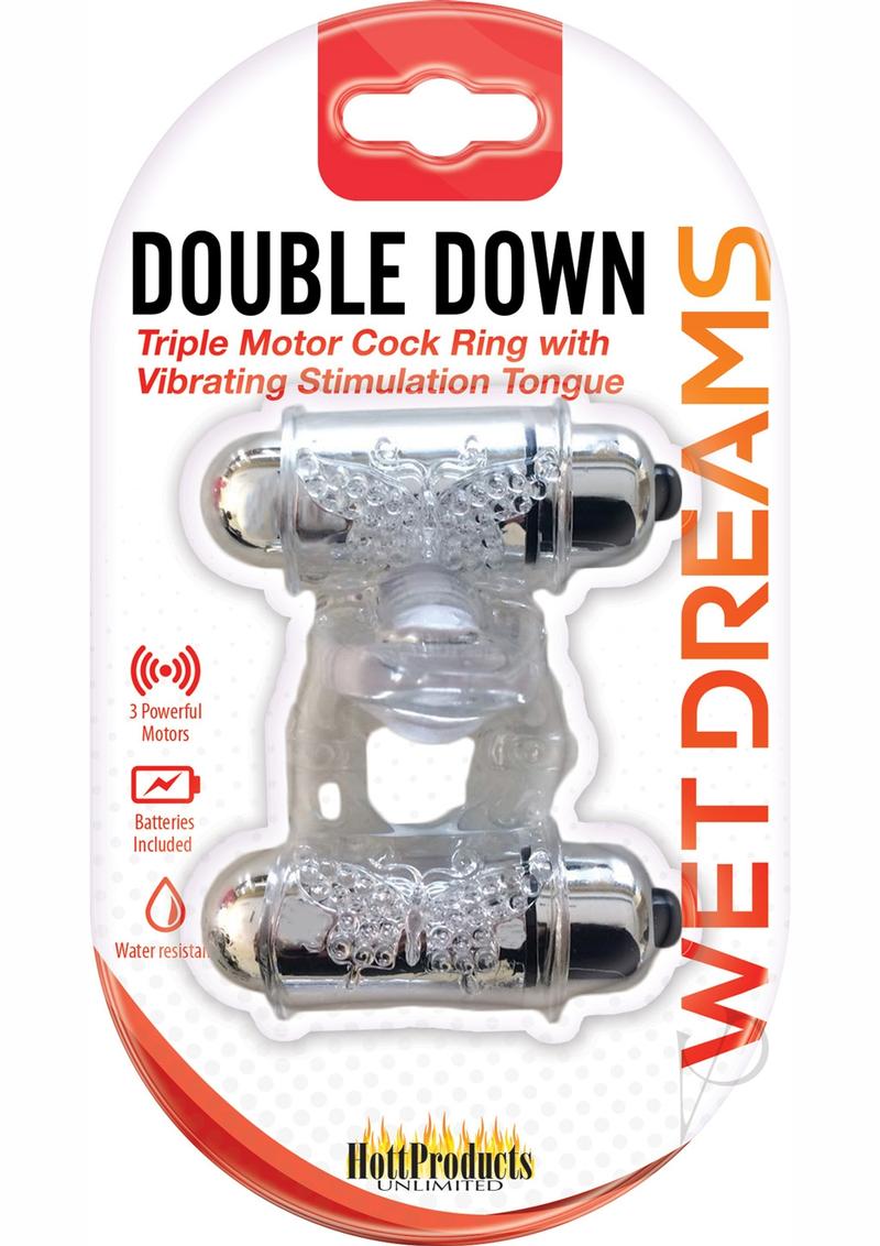Wet Dreams Double Down Triple Motor Cock Ring with Vibrating Stimulating Tongue Waterproof - Clear