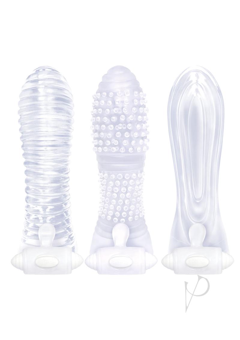 The 9`s - Vibrating Sextenders, 3-Pack, Nubbed, Contoured, Ribbed - Clear