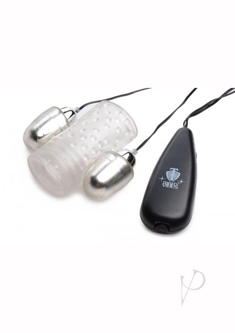 Trinity Men Dual Vibrating Penis Sheath with Wired Remote Control - Clear
