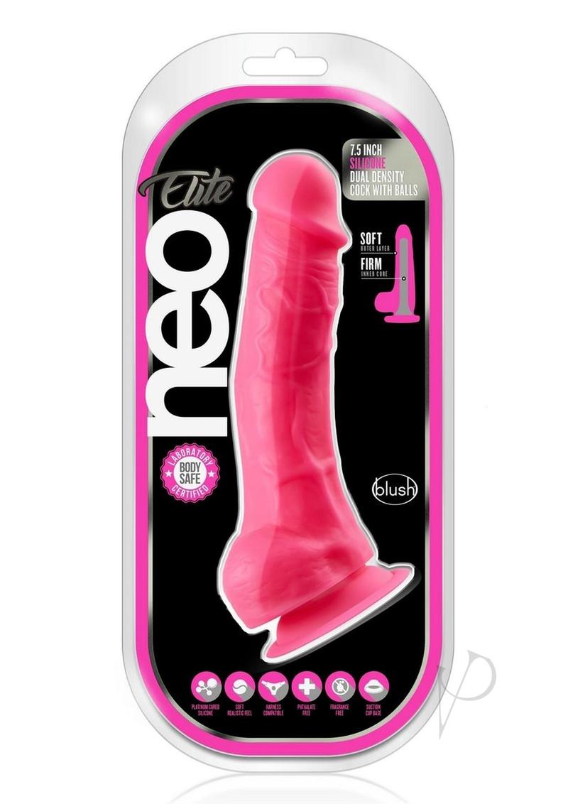 Neo Elite Silicone Dual Density Dildo with Balls 7.5in - Neon Pink