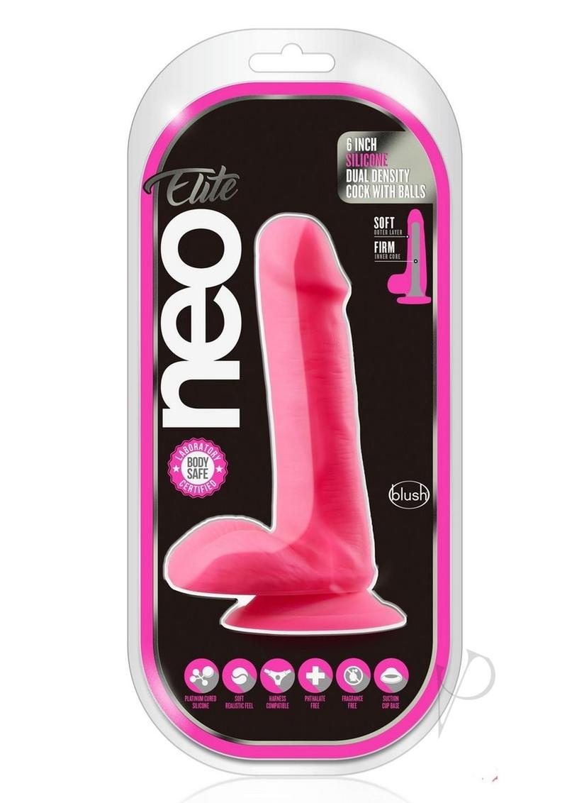 Neo Elite Silicone Dual Density Dildo with Balls 6in - Neon Pink