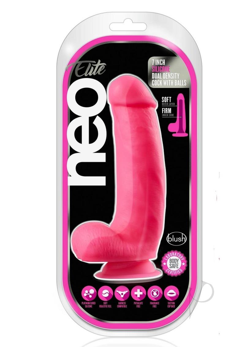 Neo Elite Silicone Dual Density Dildo with Balls 7in - Neon Pink