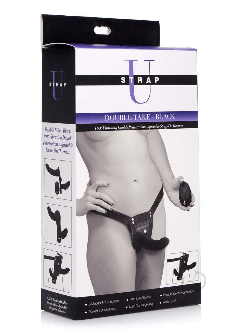 Strap U Double Take Double Penetration Rechargeable Silicone Vibrating Strap-on Harness - Black