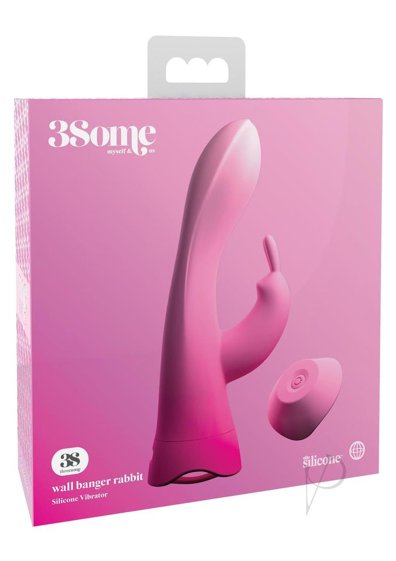 3Some Wall Banger Rabbit Silicone Vibrator USB Rechargeable Suction Cup Wireless Remote Splashproof - Pink