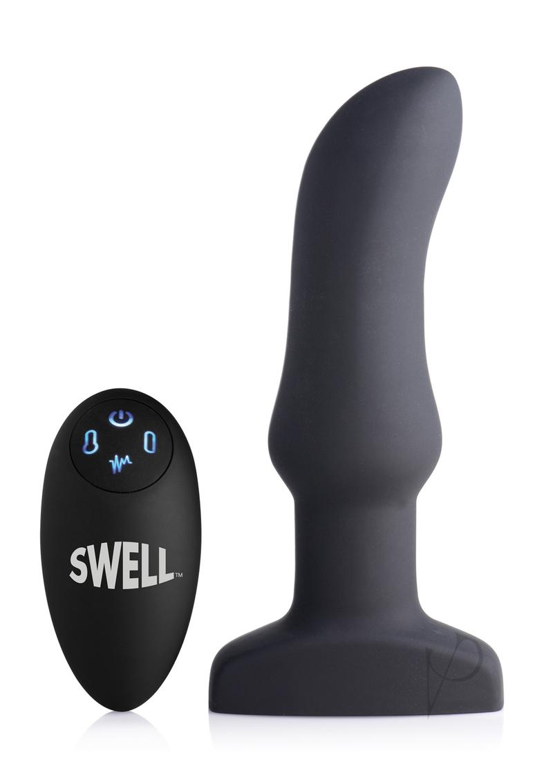 Swell Inflatable Rechargeable Silicone Vibrating Curved Anal Plug with Remote Control - Black