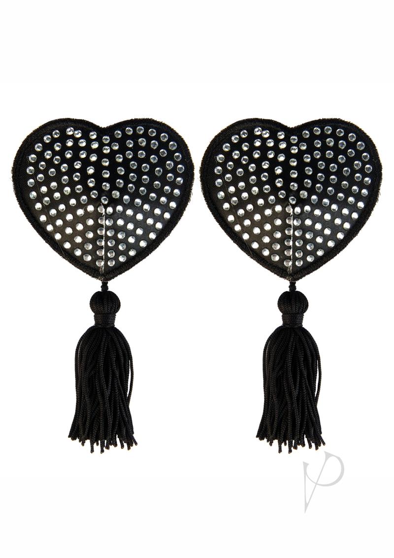 Peekaboo Satin with Stone and Tassel Pasties - Black/White