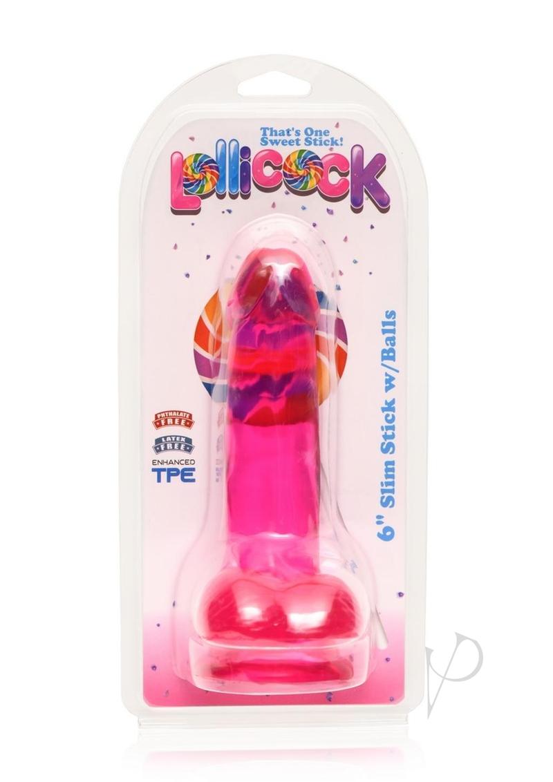 Lollipop Slim Stick Dildo with Balls 6in - Cherry Ice