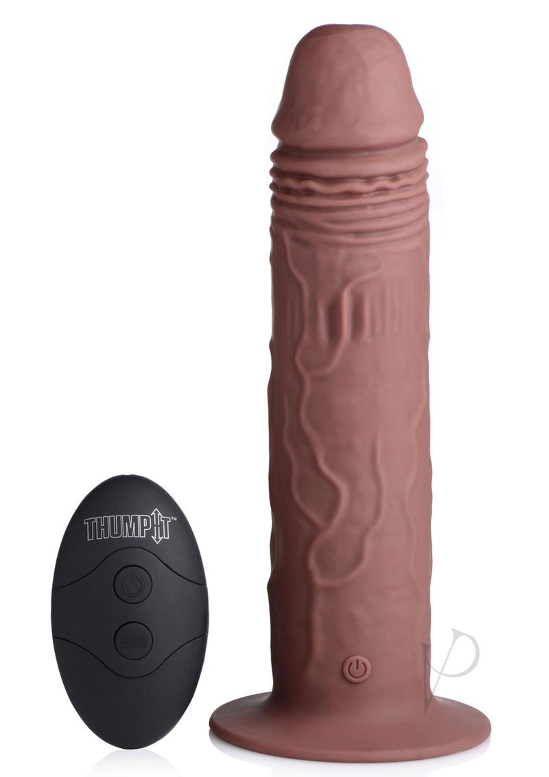 Thump It 7x Vibrating and Thumping Silicone Rechargeable Dildo with Remote Control - 7.7in - Chocolate