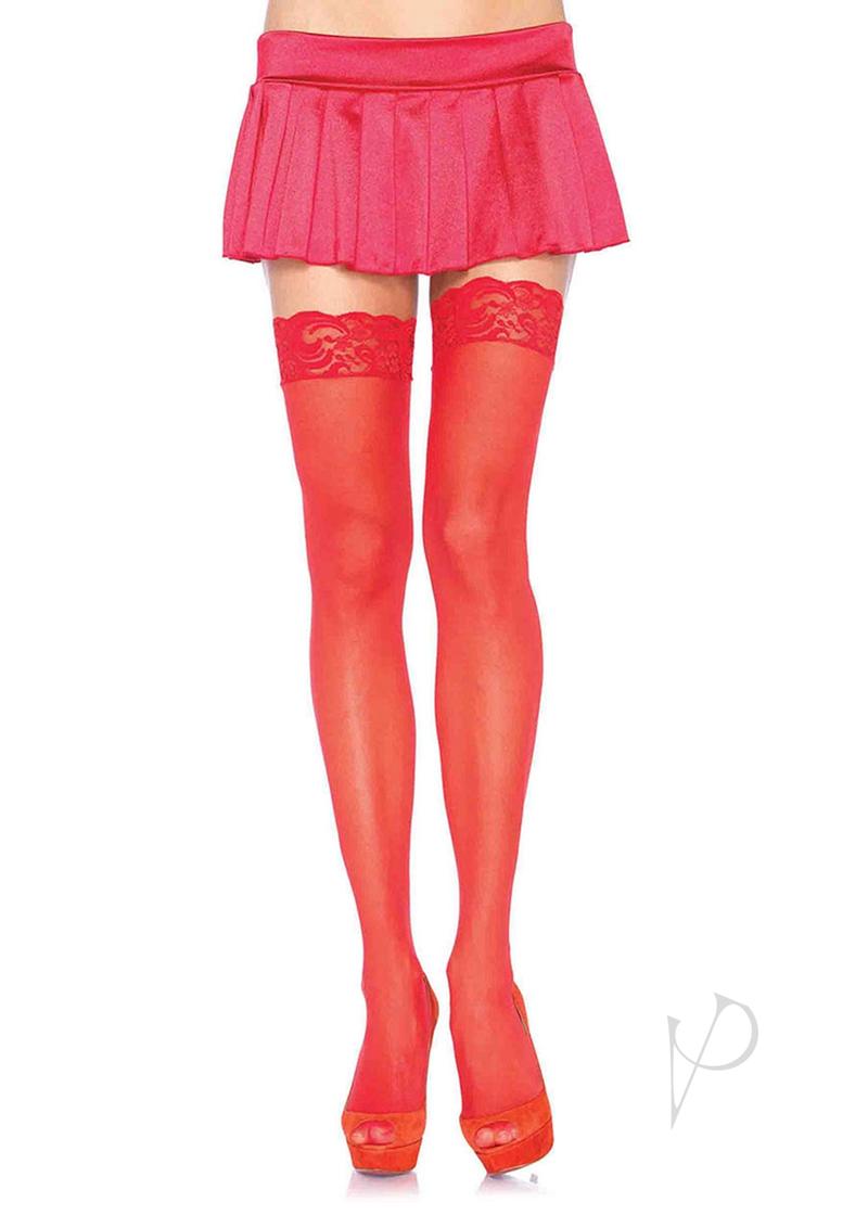 Leg Avenue Sheer Nylon Thigh High with Lace Top - O/S - Red