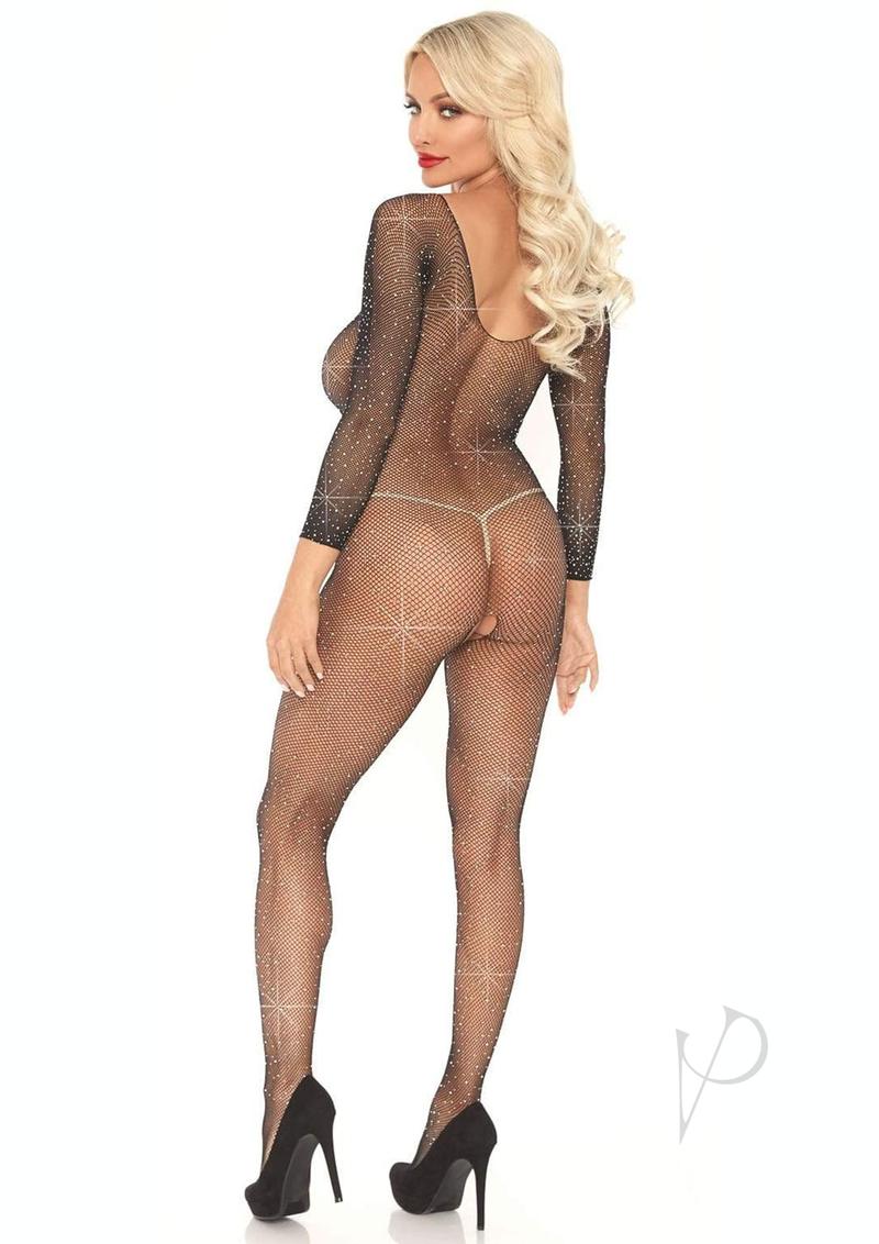 Leg Avenue Crystalized Seamless Fishnet Long Sleeved Bodysuit- OS - Black