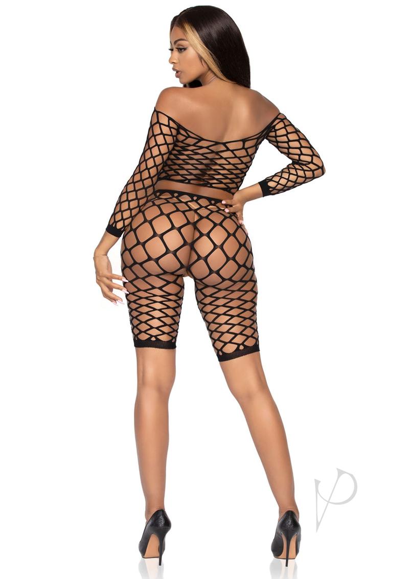 Leg Avenue Pothole Net Crop Top and Bike Shorts (2 piece) - OS - Black