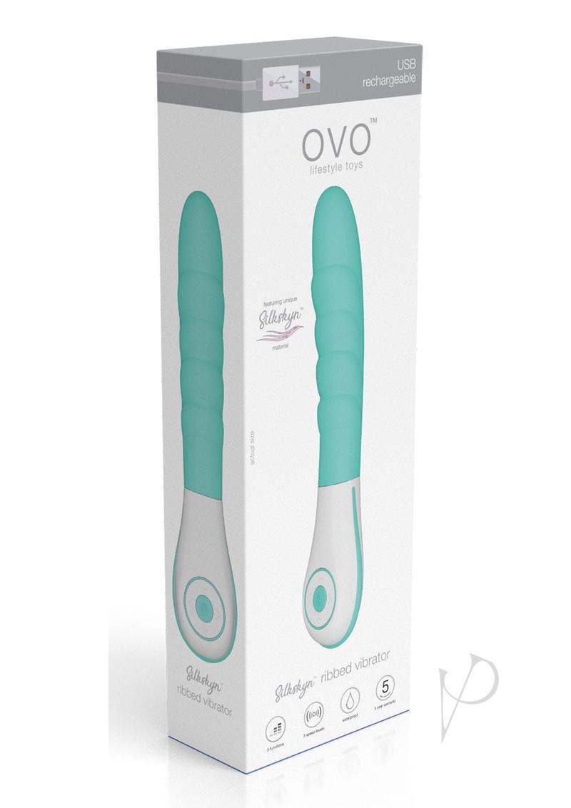 OVO Silkskyn Rechargeable Silicone Ribbed Vibrator - Aqua/White