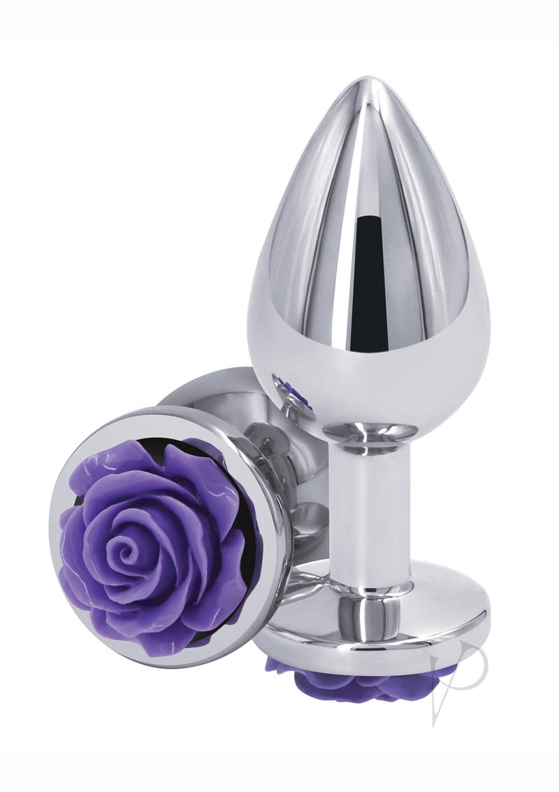 Rear Assets Rose Aluminum Anal Plug - Medium - Purple/Silver