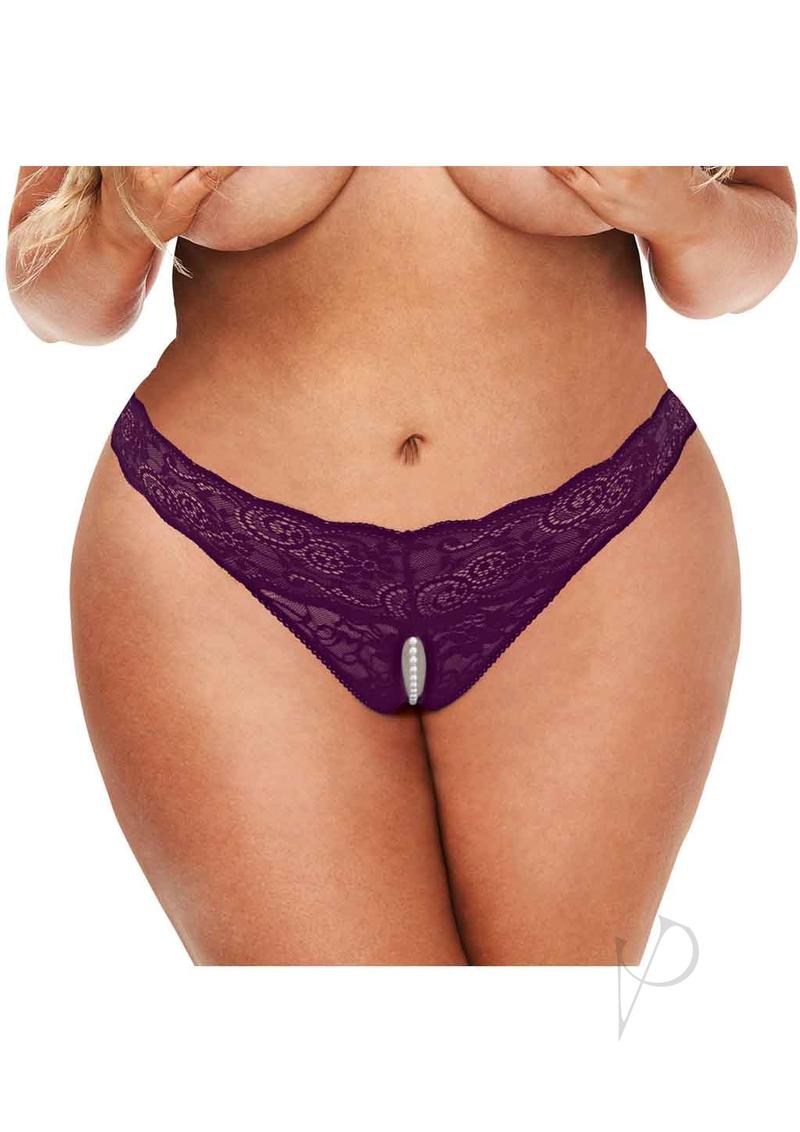 Secret Kisses Lace and Pearl Crotchless Thong - Plus Size - Purple