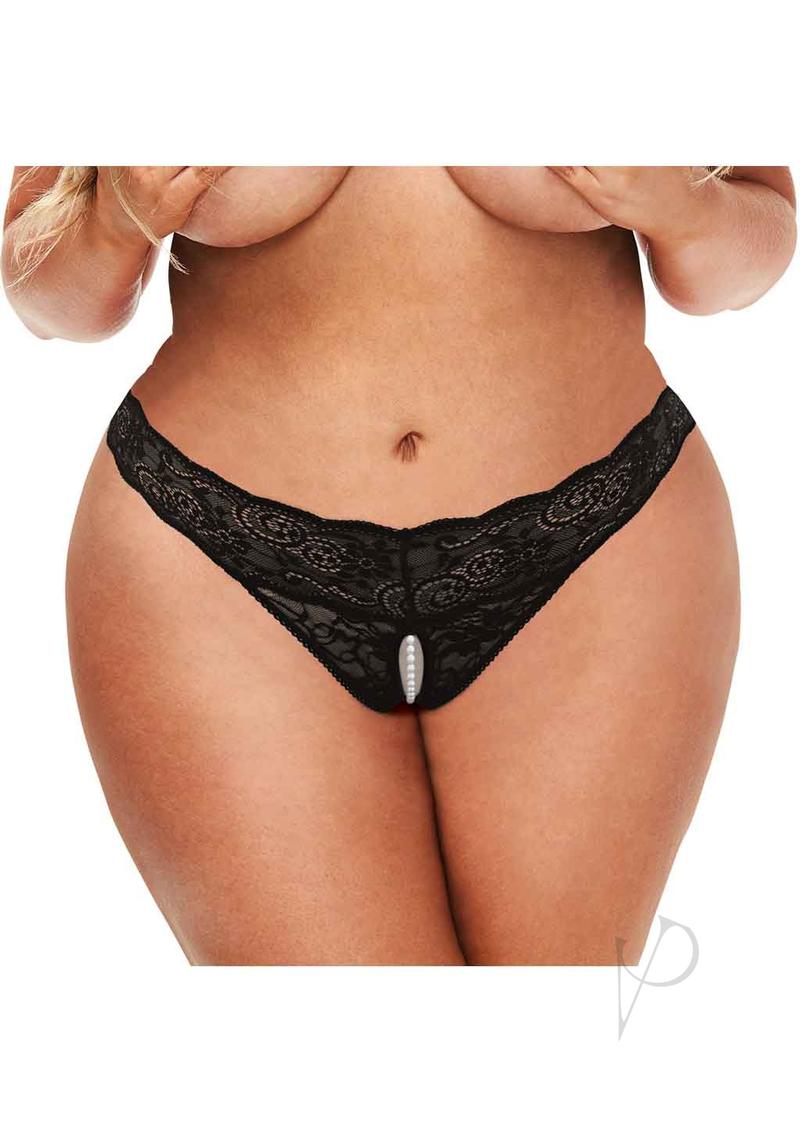 Secret Kisses Lace and Pearl Crotchless Thong - Plus Size - Black