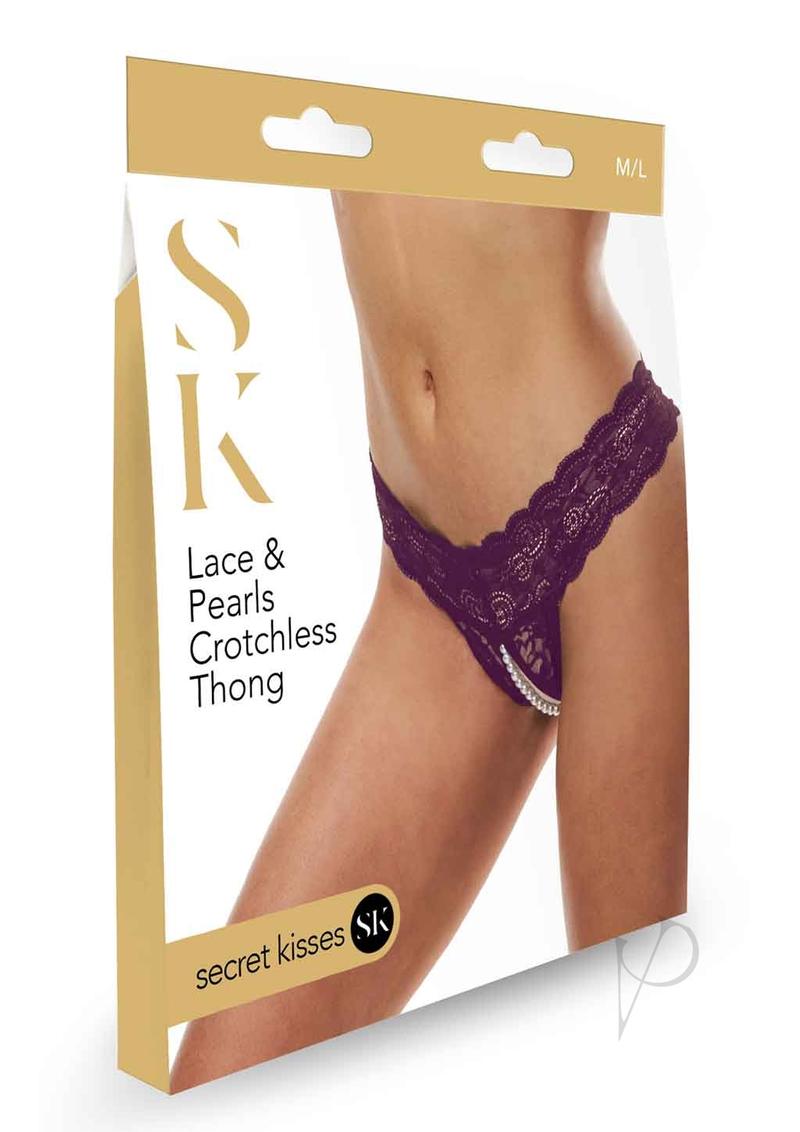 Secret Kisses Lace and Pearl Crotchless Thong - M/L - Purple