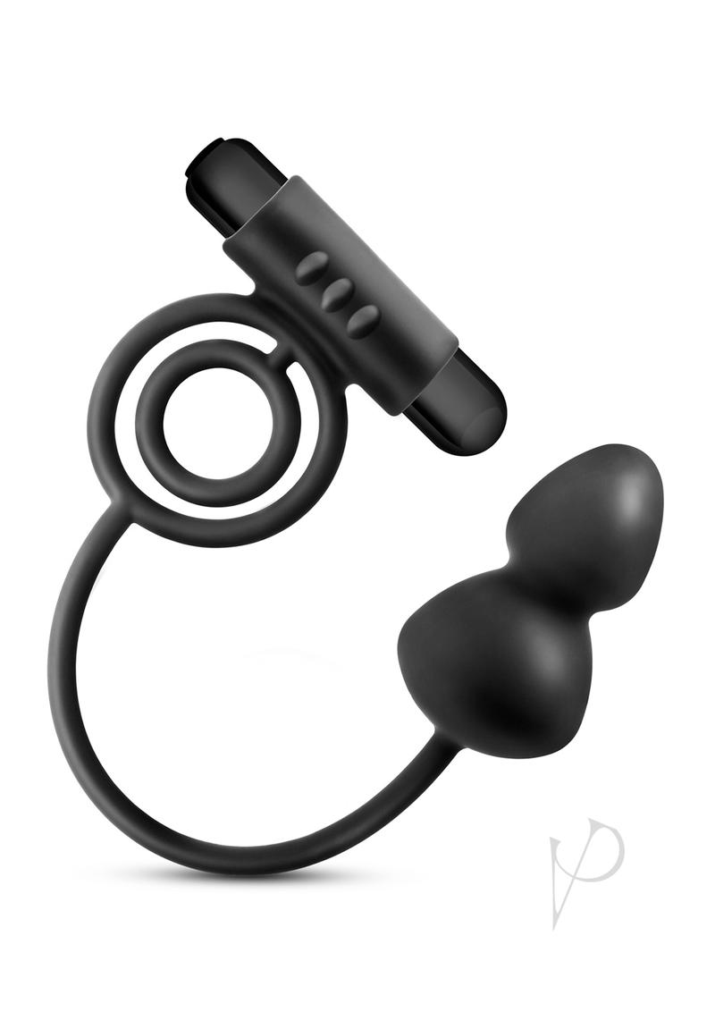 Anal Adventures Platinum Silicone Cock Ring with Anal Plug - Black