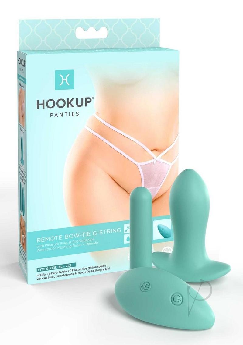Hookup Panties Silicone Rechargeable Bowtie G-String Panty Vibe with Remote Control - XL/2XL - White/Blue