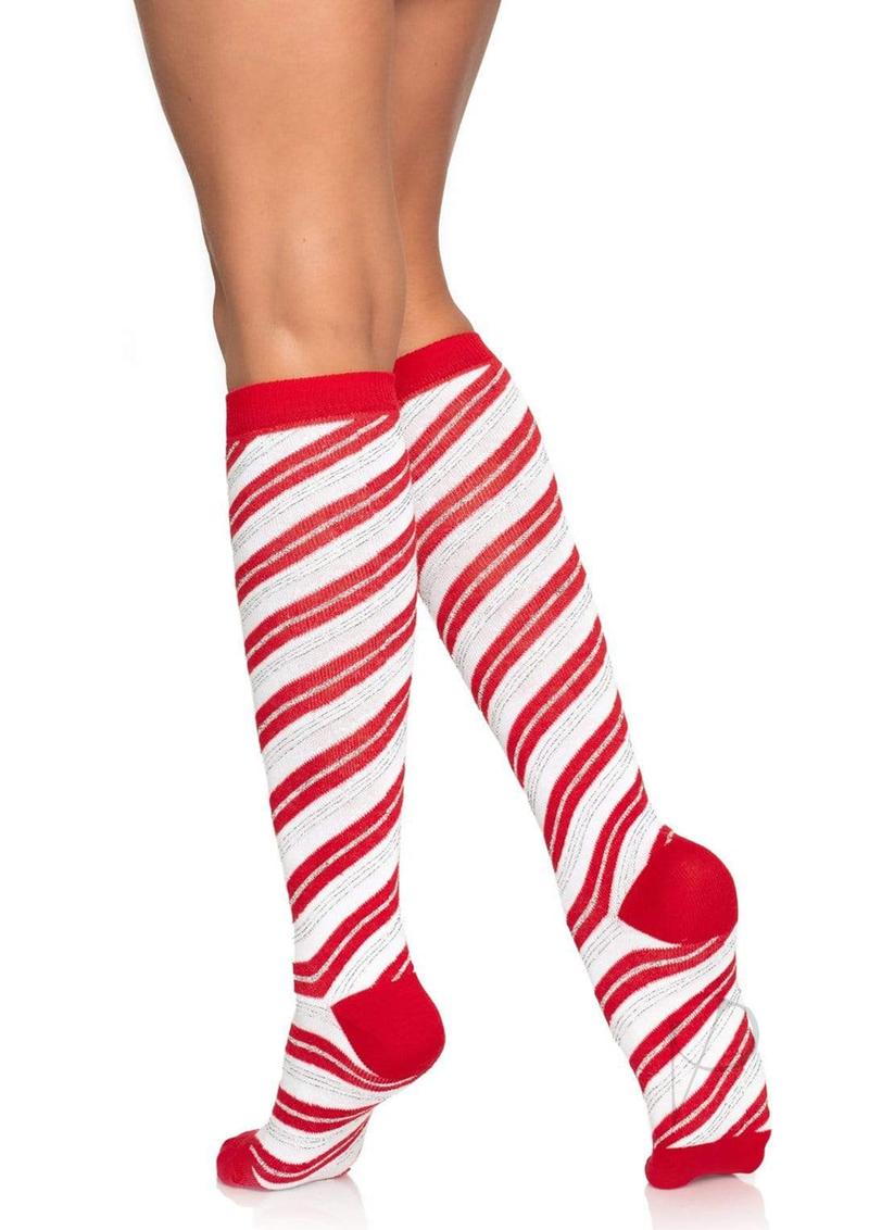 Leg Avenue Candy Cane Lurex Knee High Socks - OS - Red/White