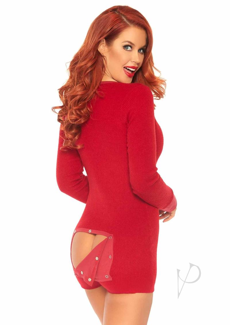 Leg Avenue Brushed Rib Romper Long Johns with Cheeky Snap Closure Back Flap - S/M - Red