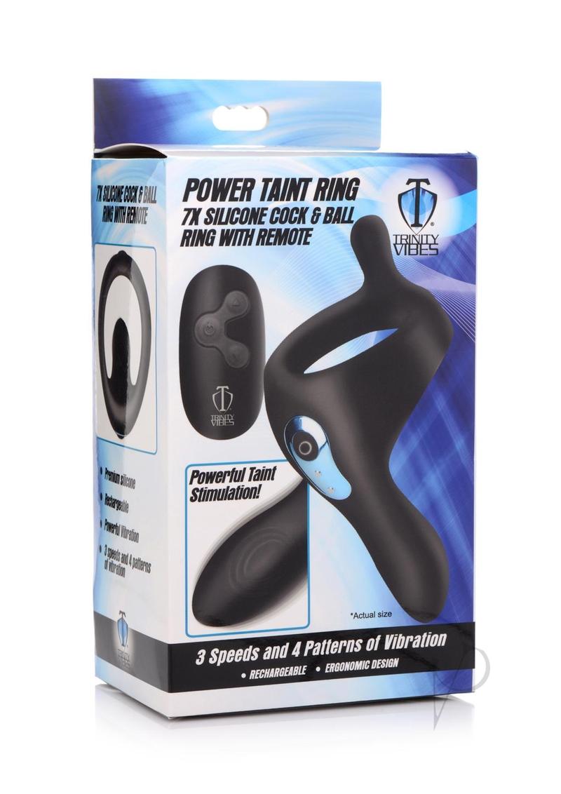 Trinity Men 7X Rechargeable Silicone Cock Ring with Taint Stimulator and Remote Control - Black
