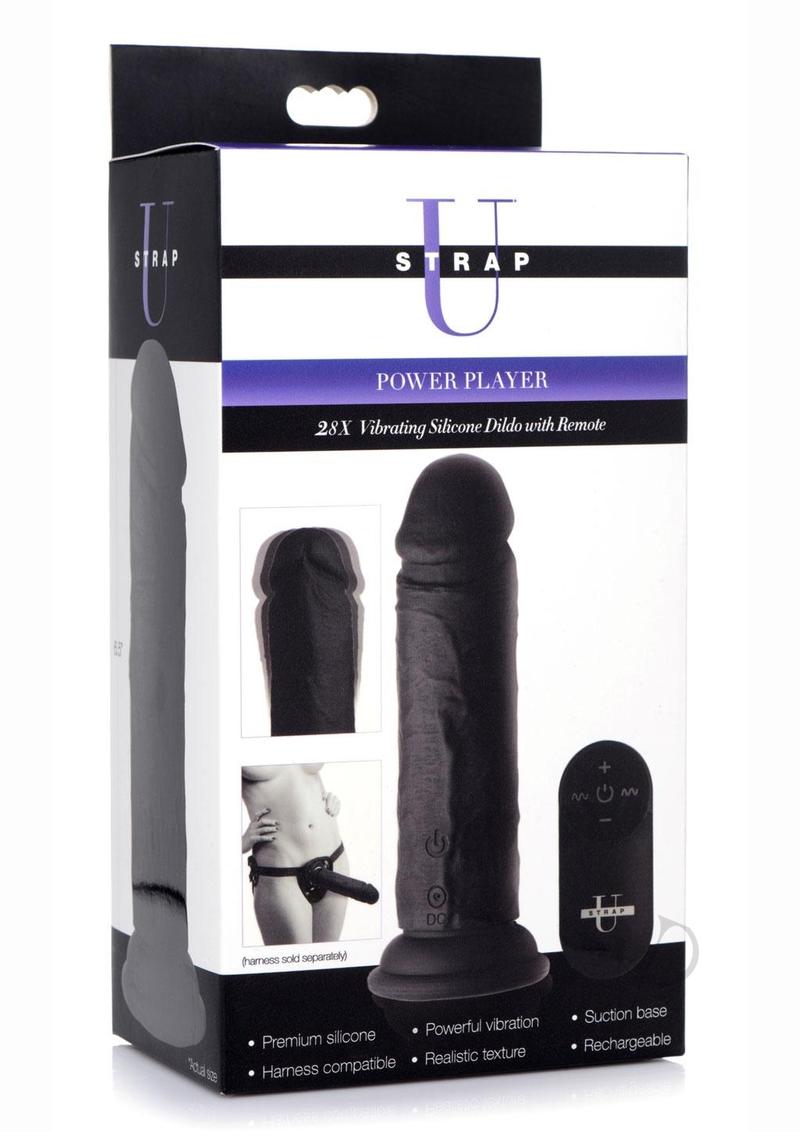 Strap U Power Player 28X Vibrating Silicone Rechargeable Dildo 6.5in With Remote Control - Black