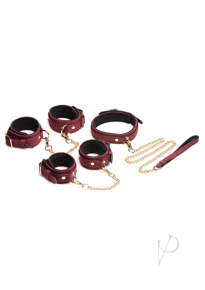 Master Series Velvet Bondage Set Cuffs, Collar, and Leash (6 piece) - Burgundy