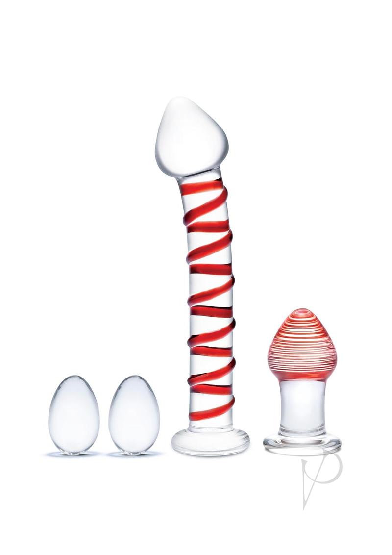 Glas Mr. Swirly Set with Glass Kegel Balls (4 piece) - Clear/Red