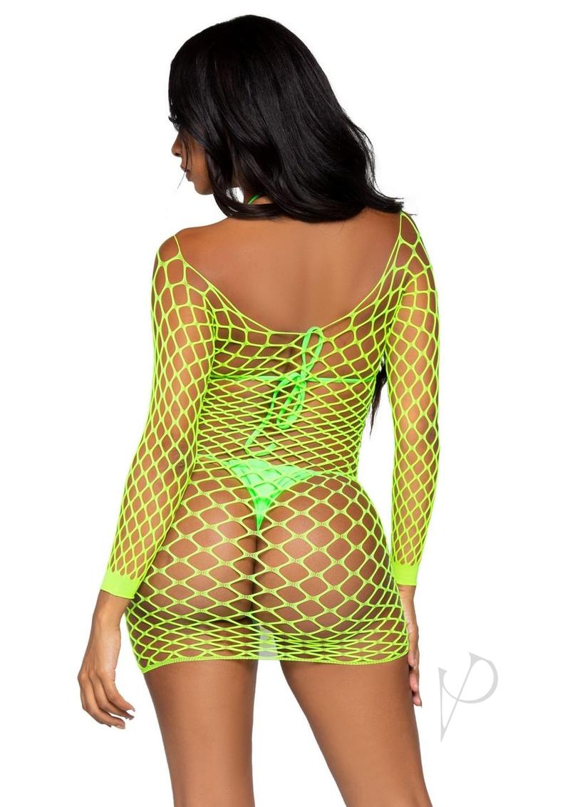 Leg Avenue Supreme Fence Net Long Sleeved Mini Dress - OS - Neon Green