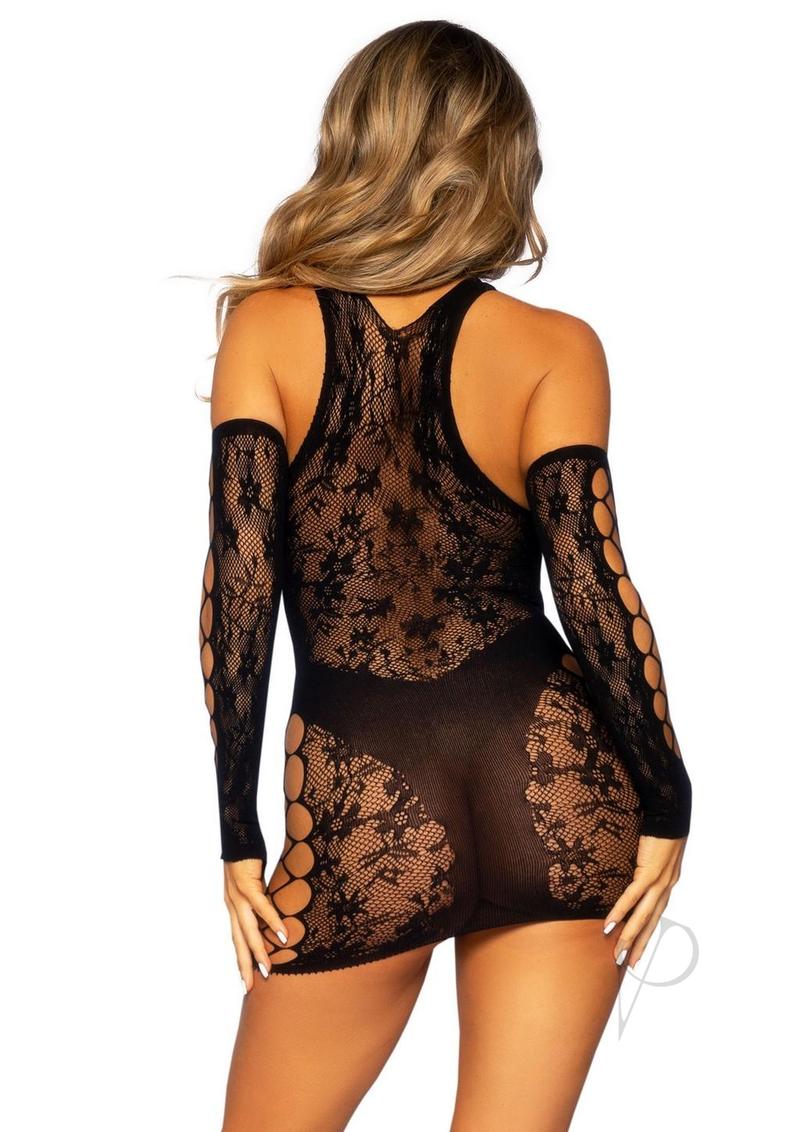 Leg Avenue Lace and Net Racer Back Mini Dress with Faux Panty Detail and Matching Gloves - OS - Black
