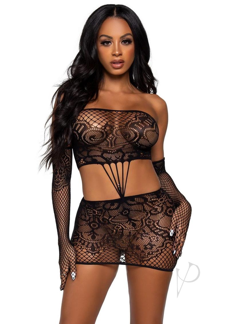 Leg Avenue Strappy Lace Tube Dress and Matching Gloves (2 pieces) - O/S - Black