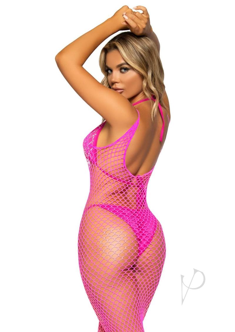 Leg Avenue Woven Twist Net Backless Maxi Dress - OS - Neon Pink
