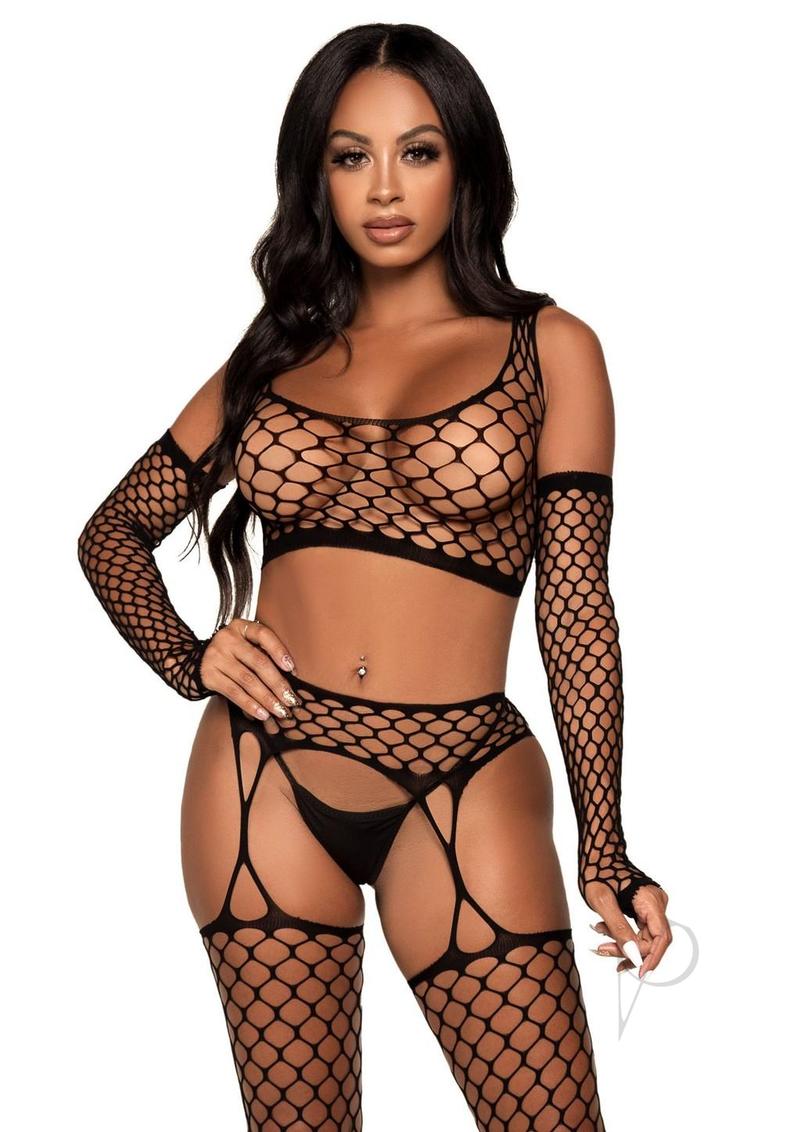 Leg Avenue Net Crop Top, Garter Stockings and Matching Gloves (3 pieces) - O/S - Black