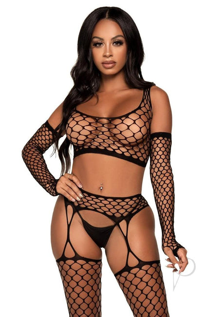 Leg Avenue Net Crop Top, Garter Stockings and Matching Gloves (3 pieces) - O/S - Black