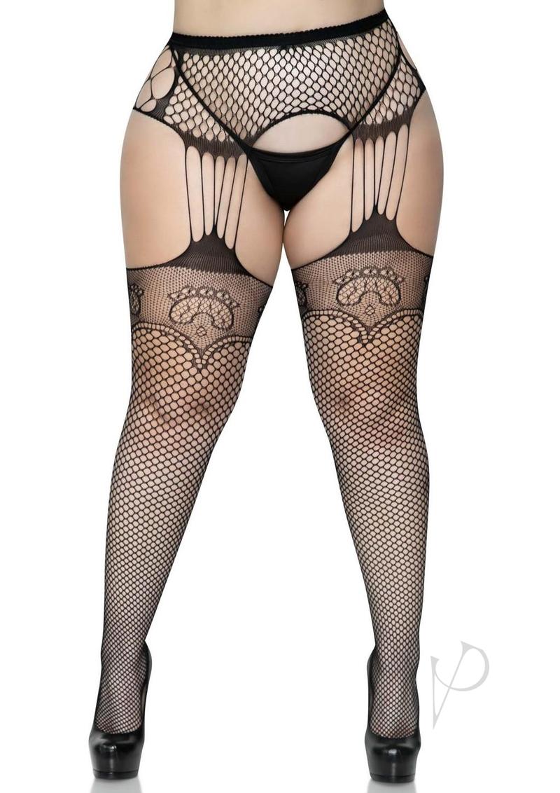 Leg Avenue Industrual Net Stocking with Dutchess Lace Top and Attached Multi-Strand Garter Belt - 1X/2X - Black
