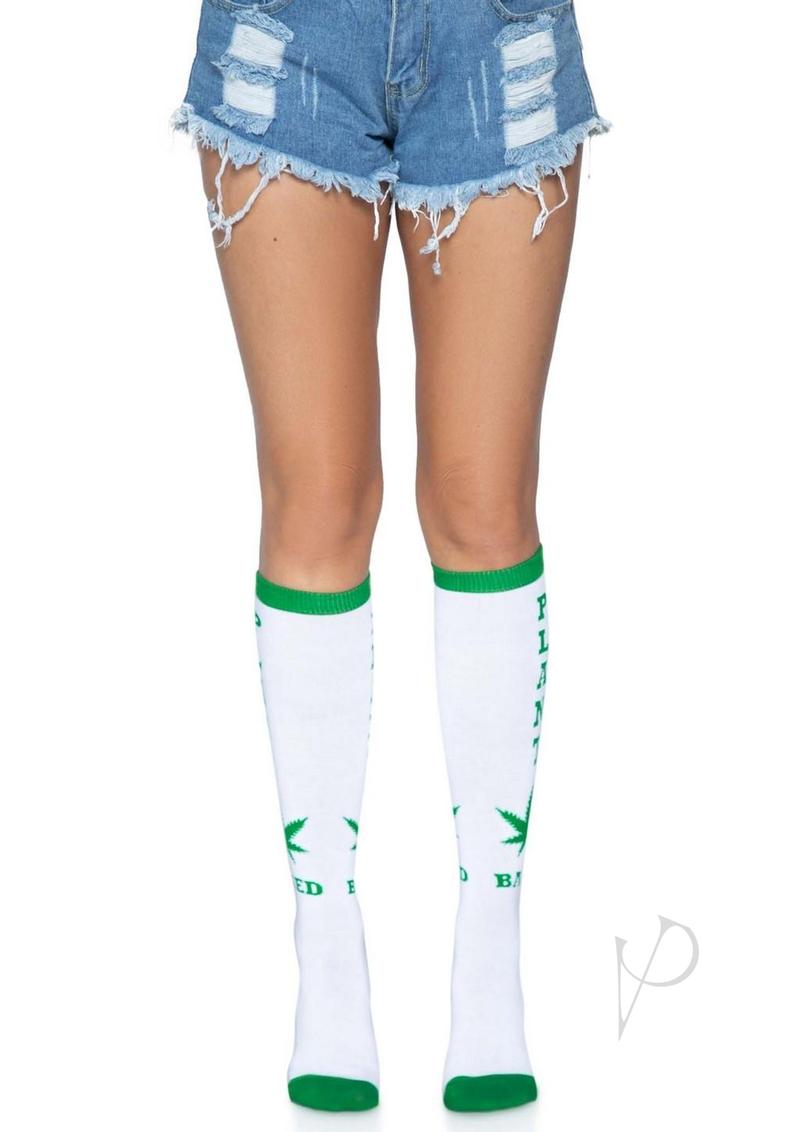 Plant Based Knee Highs - OS - White/Green