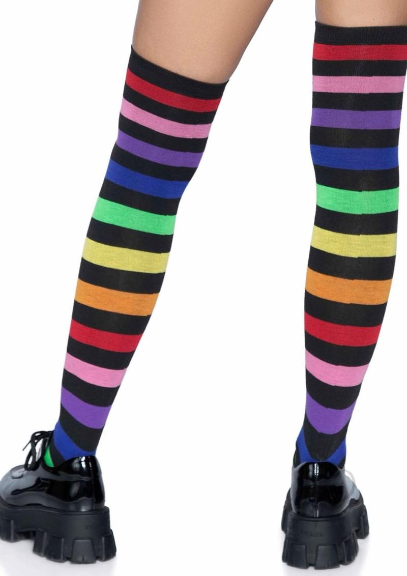 Acrylic Rainbow Stripe Thigh High Socks - OS